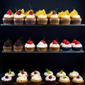 Detailed view of delicious cakes on display with dark background