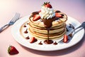Illustration of delicious pancake, strawberries and whipped cream