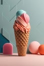 Illustration Delicious Colorful Sweet Ice Cream In Waffle Cups