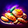 illustration of a delicious croissant on a dark background. Generative AI