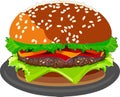 An Illustration of Delicious Double Cheese Burgery with Lettuce, Tomato, Onions and Cheese on Wheat Buns