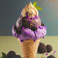 Illustration of delicious homemade blackberry ice cream topped with sprinkles surrounded by fresh blackberries and mint leaves on Royalty Free Stock Photo