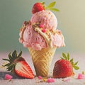 Illustration of delicious homemade strawberry ice cream topped with sprinkles surrounded by fresh strawberries with slices and