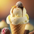 Illustration of delicious homemade vanilla ice cream topped with sprinkles and melted chocolate on a waffle cone. Generative ai Royalty Free Stock Photo