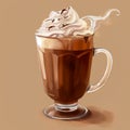 Illustration of a delicious hot chocolate drink in glass mug, with whipped cream on top, on a brown background Royalty Free Stock Photo