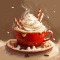 Illustration of a delicious hot chocolate drink in red mug, straws and sprinkles with whipped cream on top, christmas feel image Royalty Free Stock Photo