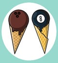 Illustration of delicious ice cream with cream in the shape of a beautiful bowling ball and billiard ball.