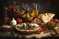 Illustration of delicious Mediterranean food on a covered table. Generative AI.