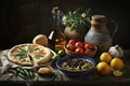 Illustration of delicious Mediterranean foods on a table with traditional ornaments. Generative AI.