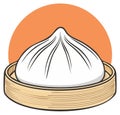 Illustration of a delicious steamed dumpling in a bamboo steamer against orange backdrop Royalty Free Stock Photo