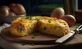 Illustration of delicious Tortilla Espanola. egg omelette and potato served as a tapa, tempting presentation. Generative AI