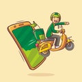 Illustration of a delivery man appearing from a mobile phone sending an order riding a motorcycle