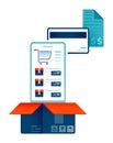 Illustration of delivery and online shopping. shopping apps that come out of shipping box and get grocery bills paid by credit