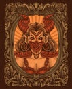 Illustration Demon girl with skull antique engraving style