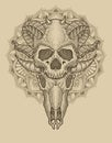 illustration demonic skull with circle mandala on the background