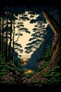 Illustration of a dense forest with a narrow path. Japanese art style.