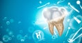 Illustration of a dental piece in the process of cleaning and total protection. Dental health concept. Space to write