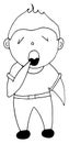 Illustration depicting a boy letting out a big yawn while stretching. In a striped shirt