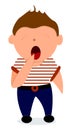 Illustration depicting a boy letting out a big yawn while stretching. In a striped T-shirt