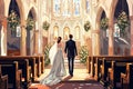 An illustration depicting a bride and groom standing in a church in wedding clothes, a church with large windows and high arches