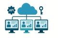 Illustration of cloud computing network with computers, api, and key isolated on white background Royalty Free Stock Photo