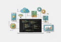 Illustration depicting cloud computing and software development concepts. Central laptop displays Royalty Free Stock Photo
