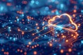 Depicting a cloud technology background with circuit board, blue color theme, glowing cloud icon on the right side, high resoluti Royalty Free Stock Photo