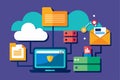 Illustration depicting computer and cloud storage icons with folders, files, and communication elements connected Folder icon set Royalty Free Stock Photo