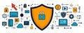Illustration depicting cybersecurity shield surrounded by technology and security icons Royalty Free Stock Photo