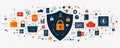Illustration depicting cybersecurity shield surrounded by technology and security icons Royalty Free Stock Photo