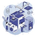 Illustration depicting a 3D printing setup. Central feature is a large 3D printer creating Royalty Free Stock Photo