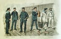 Old illustration of men in various uniforms of the French navy in late 19th century