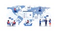 Illustration depicting a digital workflow network with a global map backdrop. Royalty Free Stock Photo