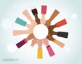 Illustration depicting diverse hands joined in unity and community representing cooperation Royalty Free Stock Photo