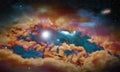Imaginary space landscape with stars and a nebula with flare at