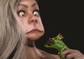 Humorous Portrait of a woman with a green frog Royalty Free Stock Photo