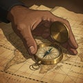 An illustration depicting a hand holding an open brass compass over an old world Royalty Free Stock Photo