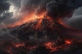 Illustration depicting an immense volcanic eruption. The fiery lava cascades down the slopes, engulfing everything in its path. Ai