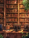 An illustration depicting a modern student library with rows of bookshelves filled with colorful books and several