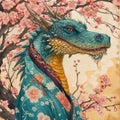 Illustration depicting an oriental dragon in a kimono.