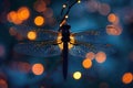 Depicting a the silhouette of a dragonfly on the branch is reflected in blurred lights, creating an abstract background with Royalty Free Stock Photo