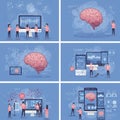 Illustration depicting six panels related to artificial intelligence and neuroscience. Royalty Free Stock Photo