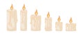 An illustration depicting six romantic burning candles. Wax candles of different sizes and shapes. Six candle flames Royalty Free Stock Photo