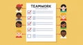Illustration depicting a teamwork concept. A central checklist, labeled \'TEAMWORK,\' Royalty Free Stock Photo