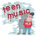 illustration depicting a teenager in headphones near a brick wall