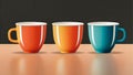 AI generated illustration of three coffee cups in different colors aligned on a table