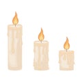 An illustration depicting three romantic burning candles. Wax candles of different sizes. Three candle flames, vector Royalty Free Stock Photo