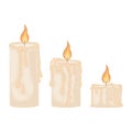 An illustration depicting three romantic burning candles. Wax candles of different sizes. Three candle flames, vector Royalty Free Stock Photo