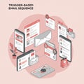 Illustration depicting a trigger-based email sequence. It features multiple digital Royalty Free Stock Photo