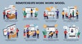 Illustration depicting various aspects of remote work models. Scenes include Royalty Free Stock Photo